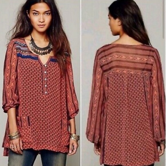 Free People Blouse Womens Medium Orange Feather in the Wind Tunic Beaded Boho - Picture 1 of 15